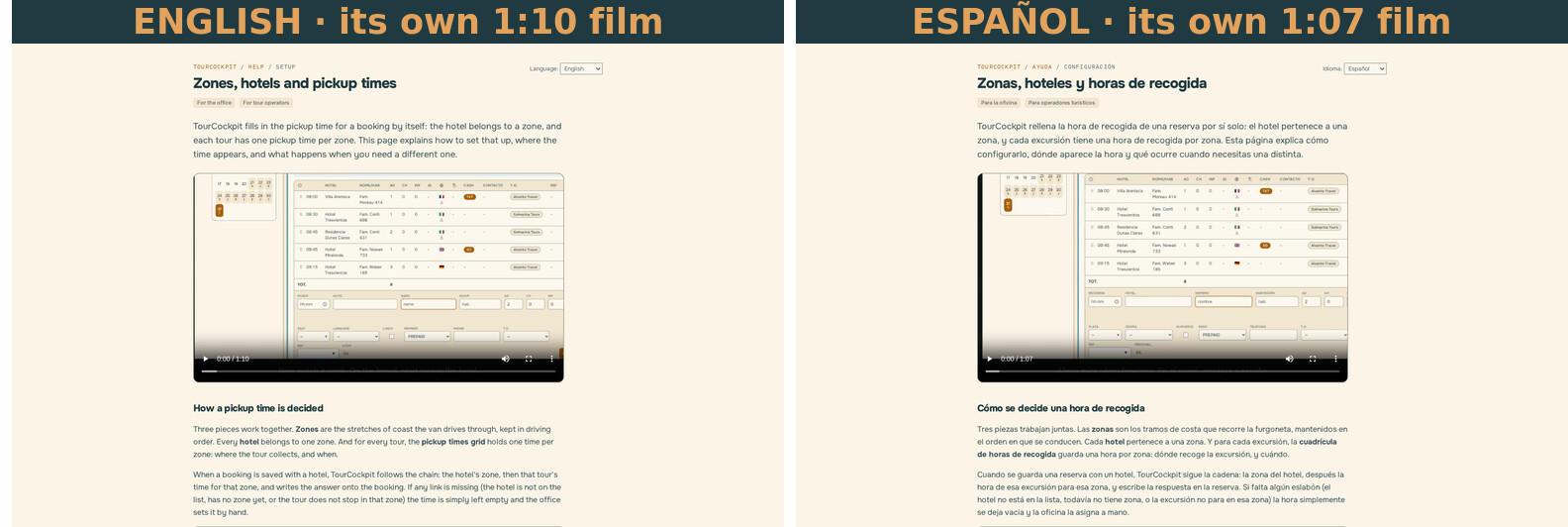 The same help page in English and Spanish, each with its own narrated film
