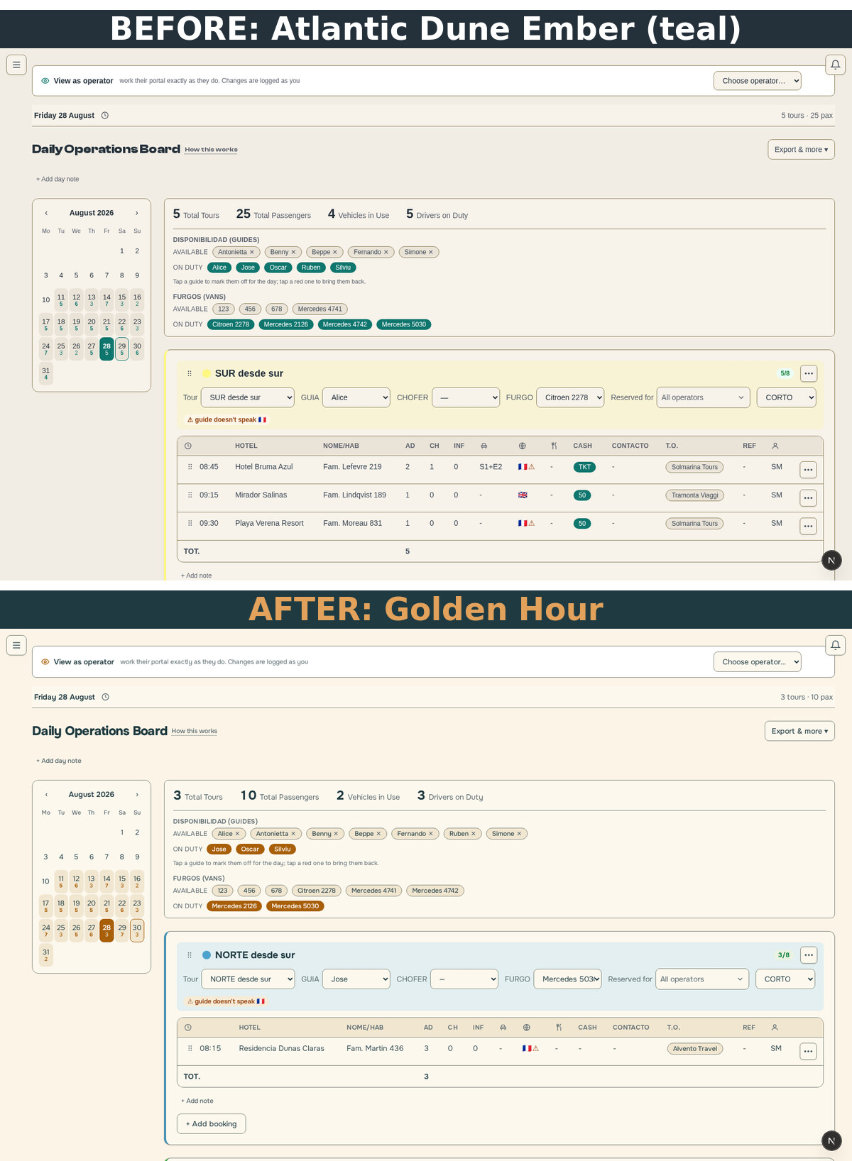 The same operations board, before and after: teal Atlantic Dune Ember above, Golden Hour below