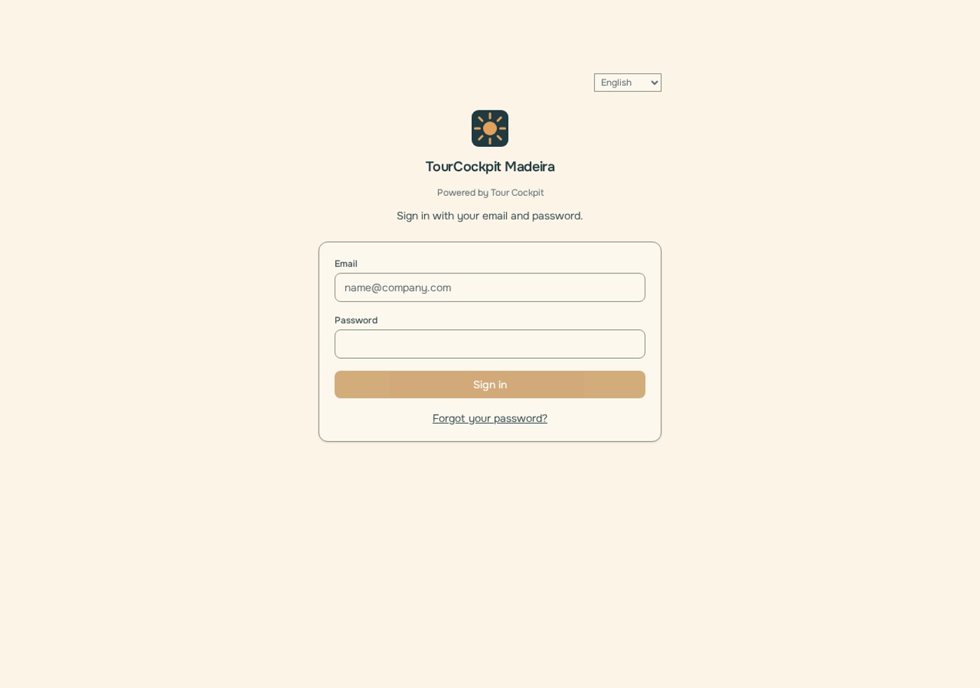 The branded sign-in page: the company's name over a quiet Powered by Tour Cockpit
